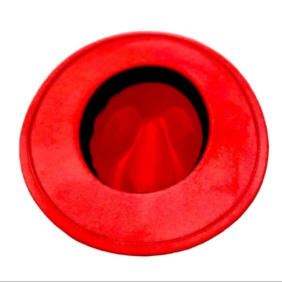 Red Stiff Wide Brim Fashion Hat Silver Chain Band Fedora NEW - Picture 4 of 4